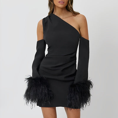 NESSA ™- Black Asymmetric Feather Trimmed Crepe Long Sleeve Mini Dress|Kiely&Cork™